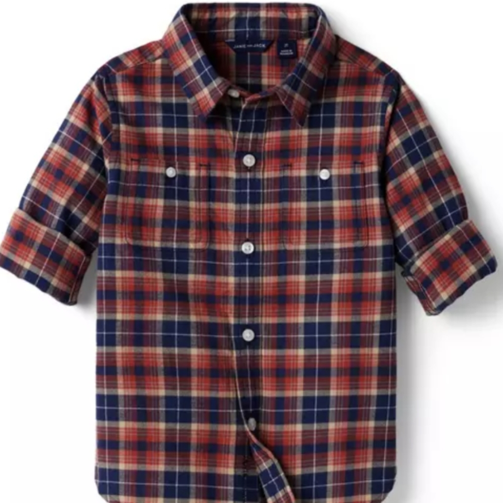 Janie & Jack Fall Colors blue orange white Button Down size 7 EUC